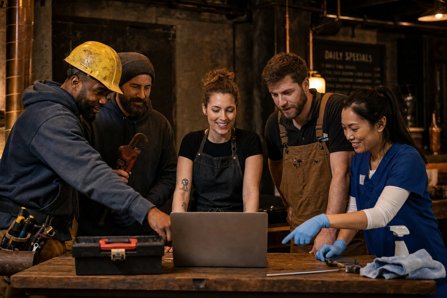 Diverse crew of tradespeople — electrician, plumber, carpenter, bartender, cleaner — collaborating around a laptop