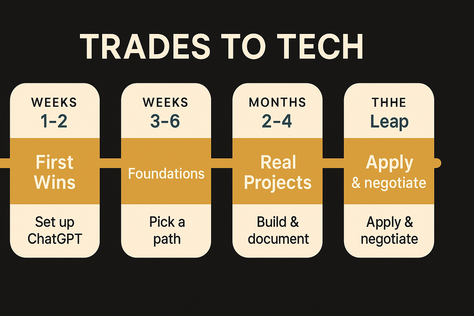 Timeline showing 4 phases: Weeks 1-2 First Wins, Weeks 3-6 Foundations, Months 2-4 Real Projects, Months 4-12 The Leap